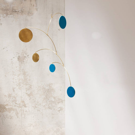 Kinetic mobile Circle handmade with brass and recycled paper: Blue