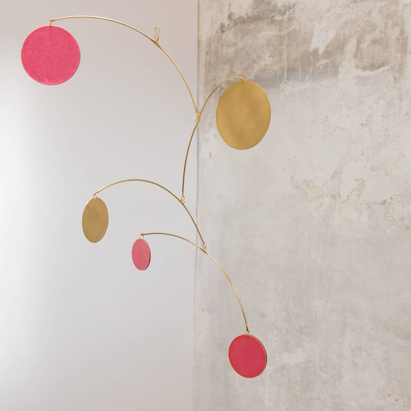 Kinetic mobile Circle handmade with brass and recycled paper: Red